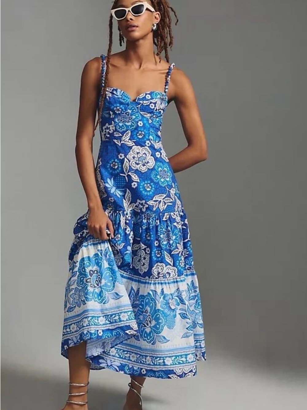 FARM Rio Blue and White Floral Tiered Maxi Dress